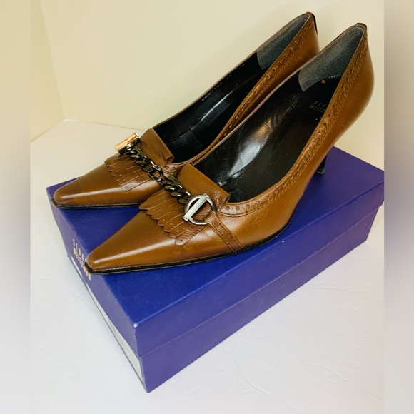 Vintage Stuart Weitzman Kilt Rye Pebble Leather Cognac Brown Oxford Pump SZ 10! - Picture 3 of 12